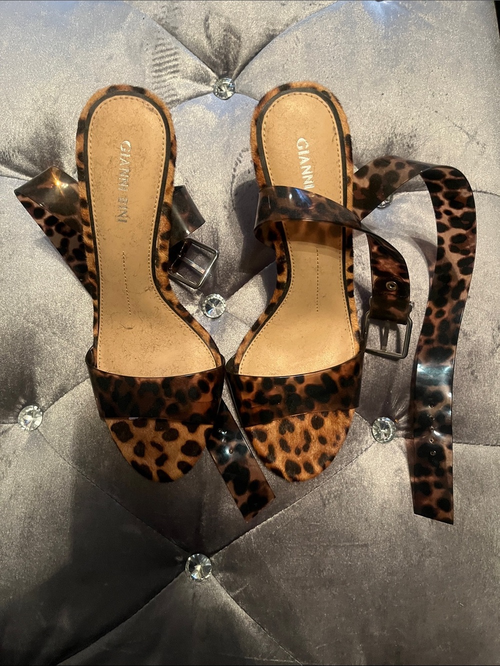 Gianni Bini Leopard-Print Open Toe Heels in Brown and Black